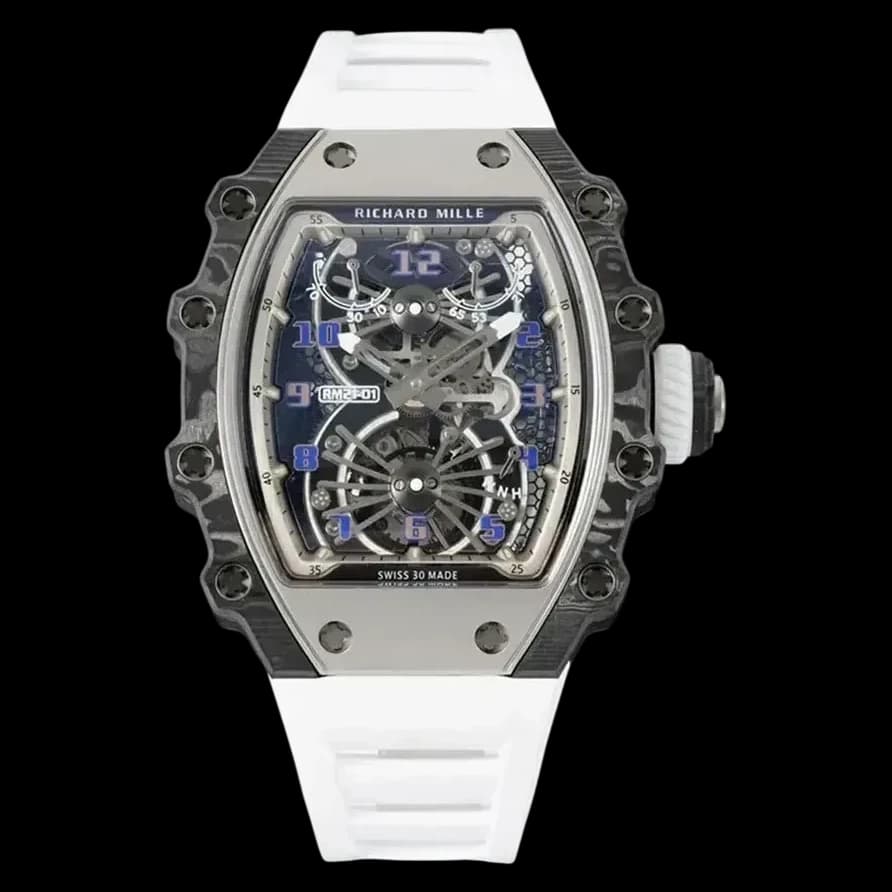 Front view of the super clone Richard Mille RM 21-01 Aerodyne tourbillon replica watch showing skeleton dial.