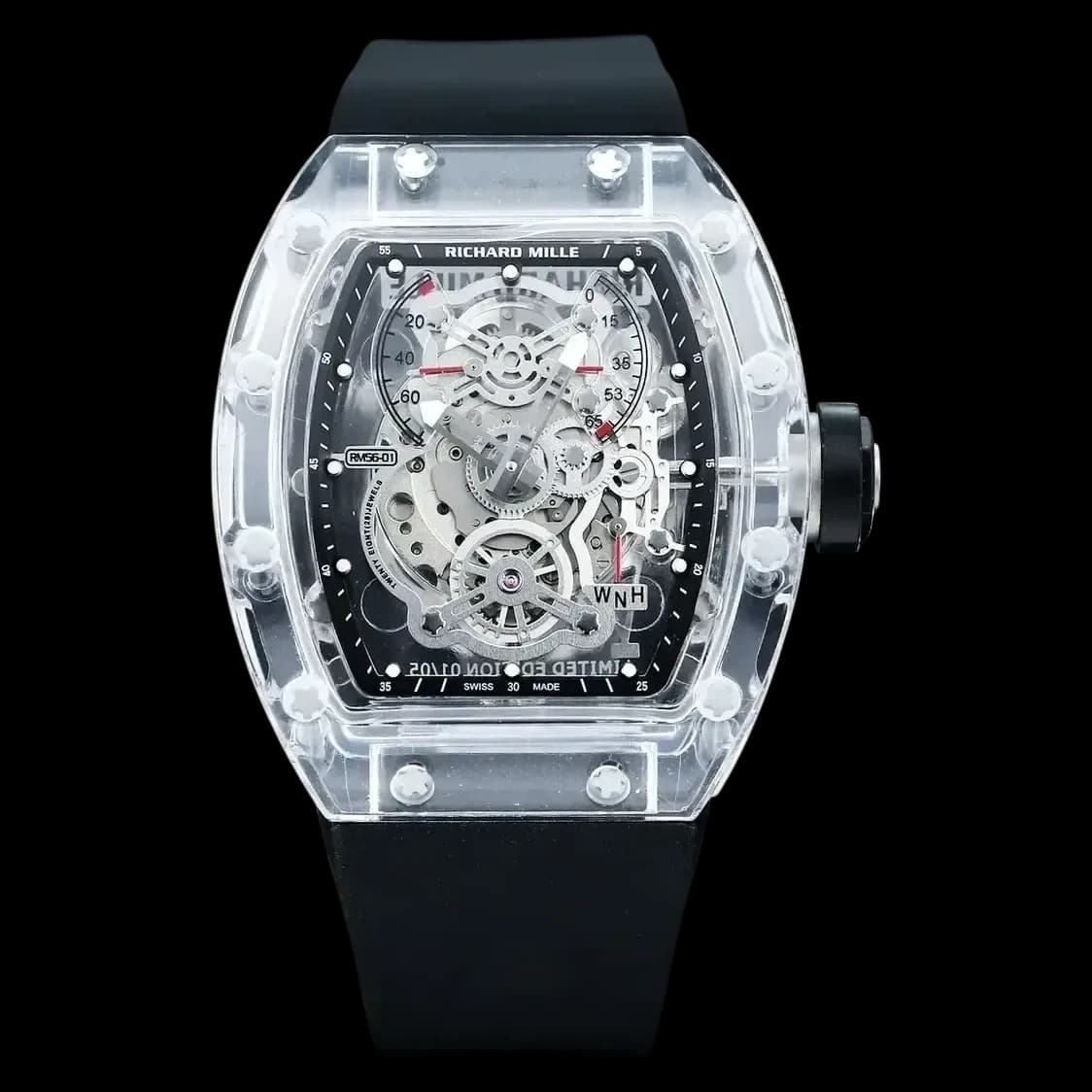 Front view of the Best Swiss Replica RM56-01 Watch showcasing the transparent sapphire crystal case.